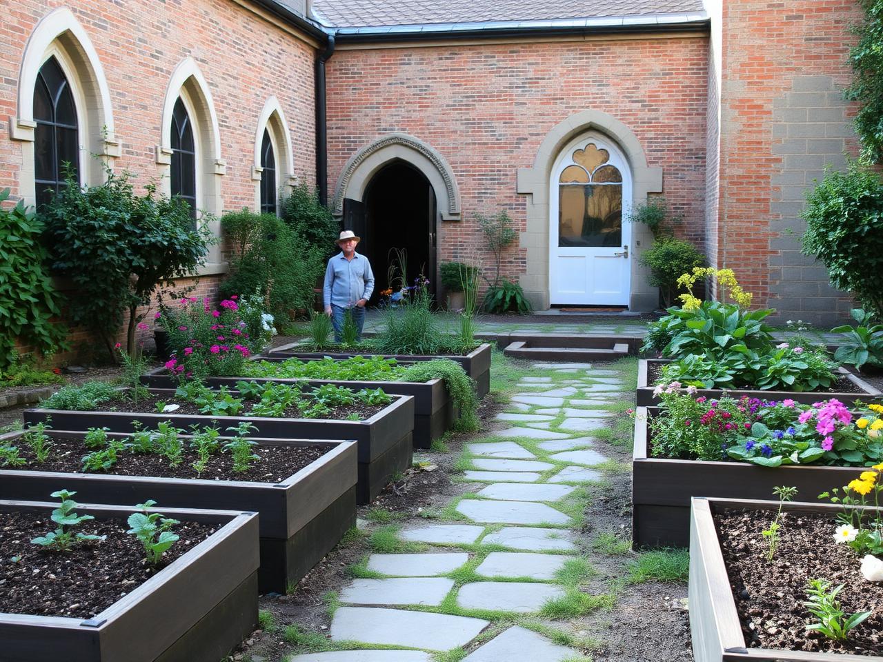 Church courtyard garden in spring